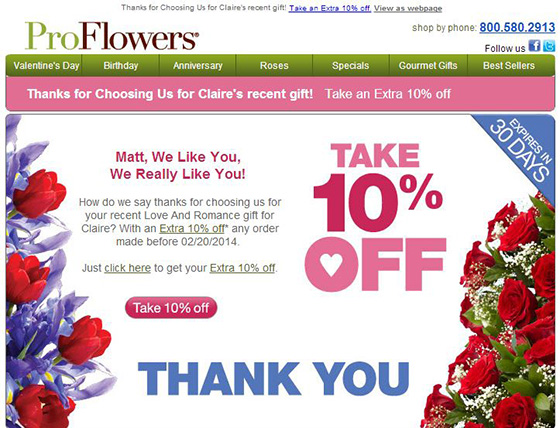 ProFlowers personalized coupon offer