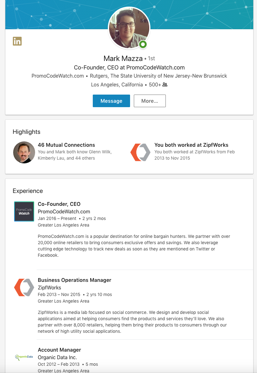 Mark Mazza's LinkedIn profile