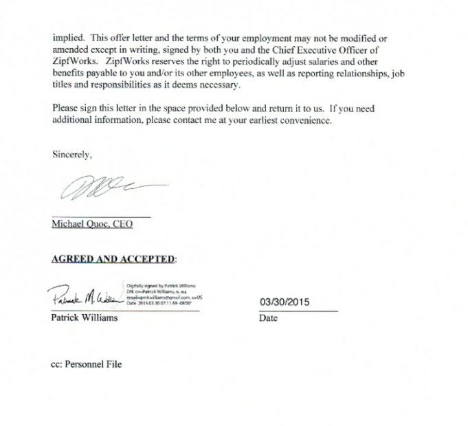 Patrick M. Williams offer letter